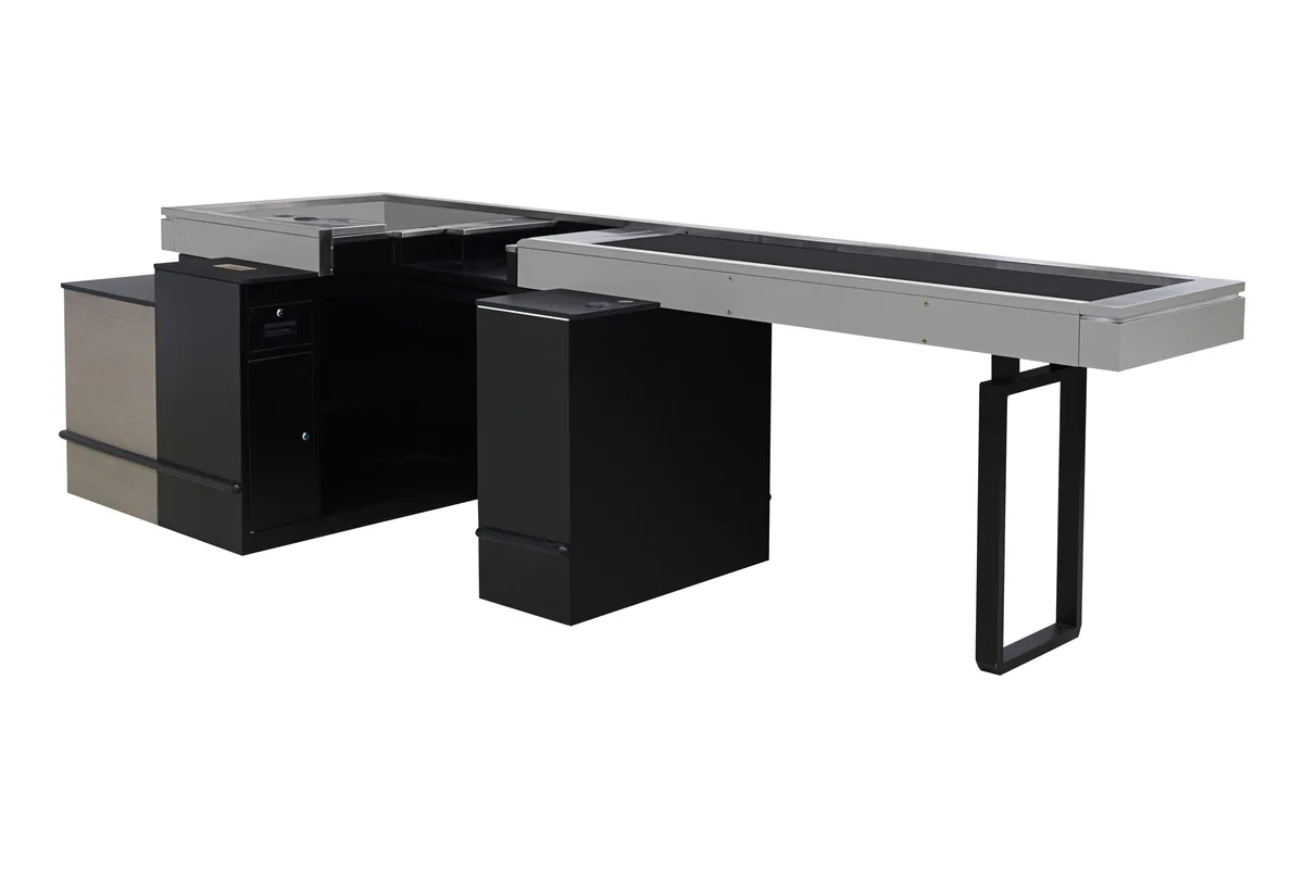 Open frame cashier counter with two cabinets carrying a flat stainless deck on a tubular steel leg