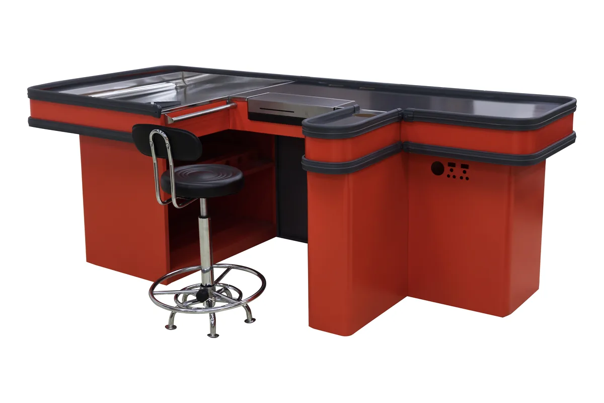 Red checkout counter with twin wings wrapping the cashier position and a height-adjustable seat