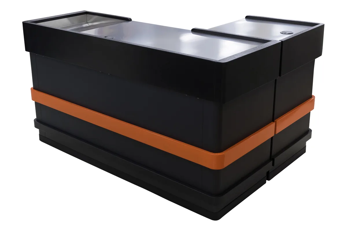Black L-shaped checkout counter cashier desk with an orange band running the length of the customer face