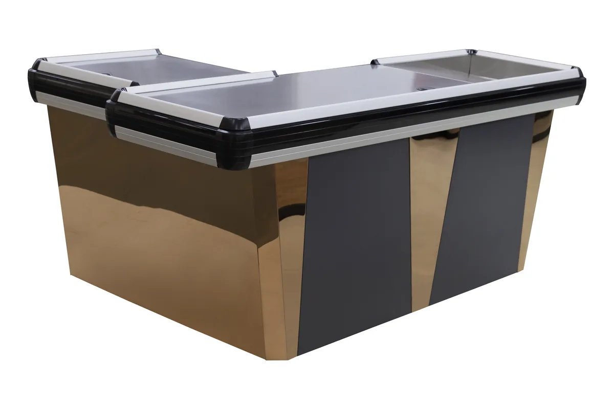 L-shaped cashier checkout counter in champagne and charcoal panels with stainless steel tops