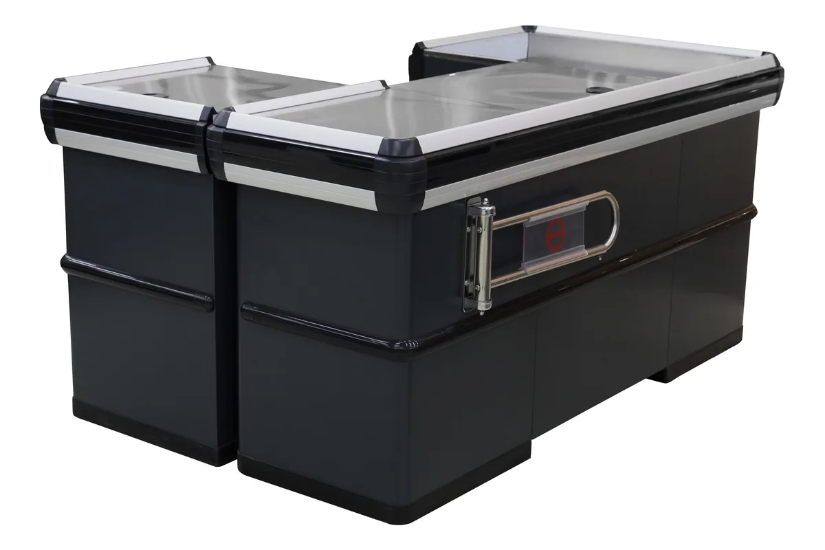 Dark counter checkout with a chrome shopping bag holder rail fitted to the end panel