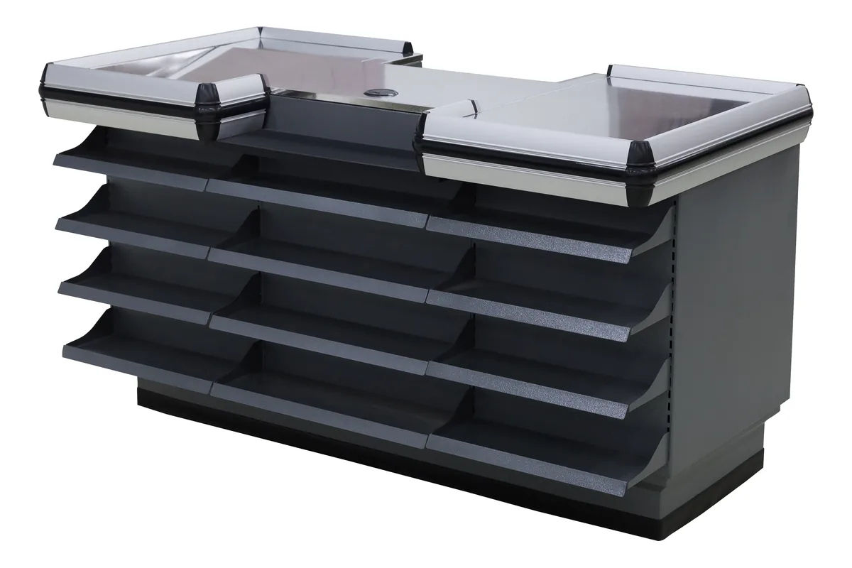 Checkout counter with five slanted display shelves built into the queue side of the body
