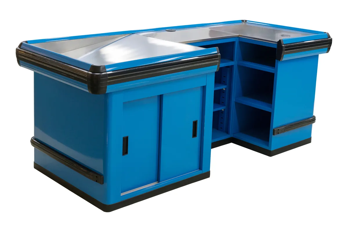 Blue L-shaped boutique checkout counter with closed cabinet doors on both wings