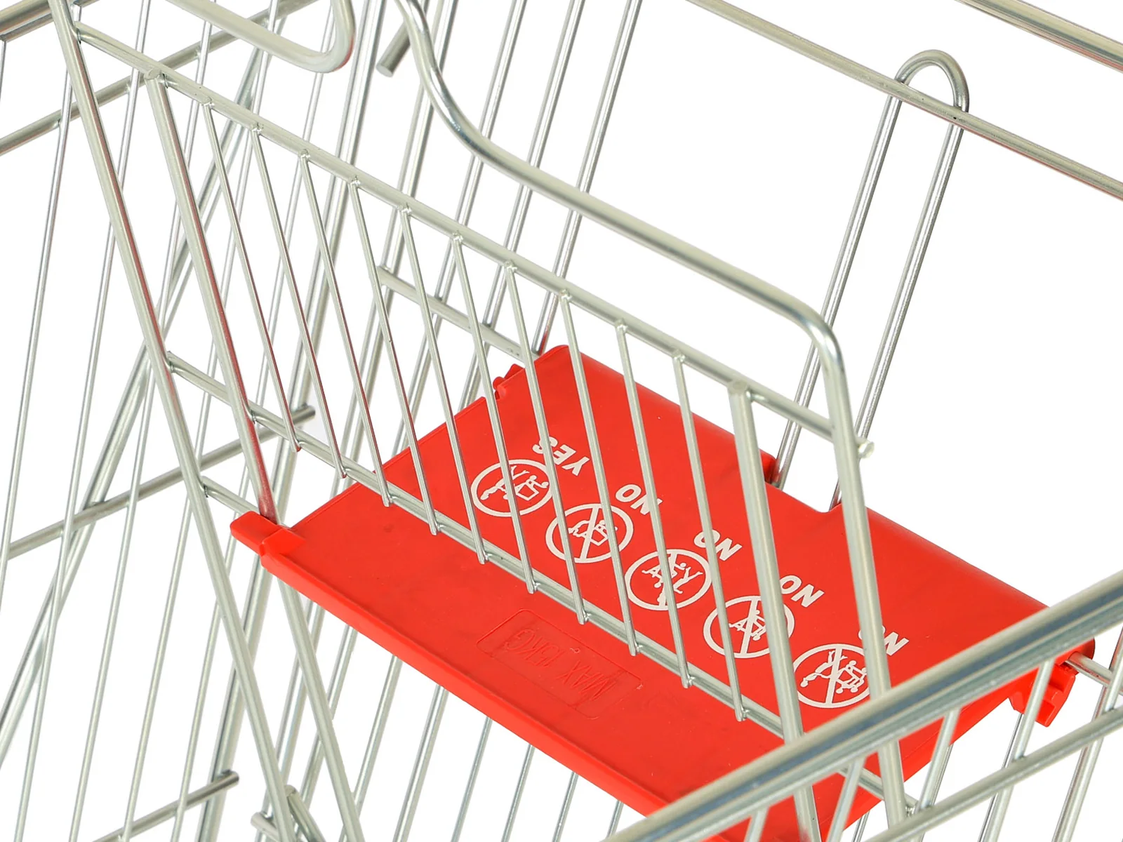 Nesting supermarket trolley photographed from the side showing the folding child seat