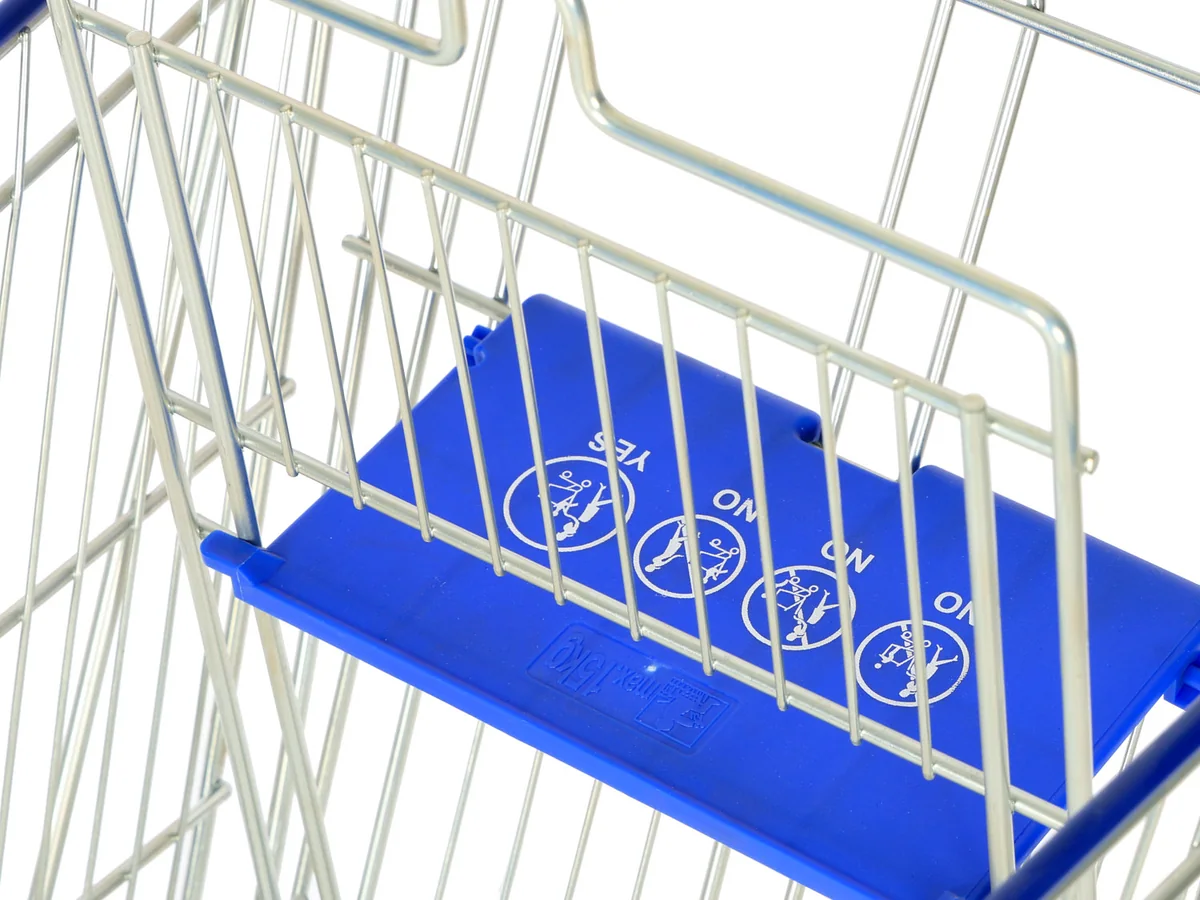 Close-up of the blue moulded handle on the trolley