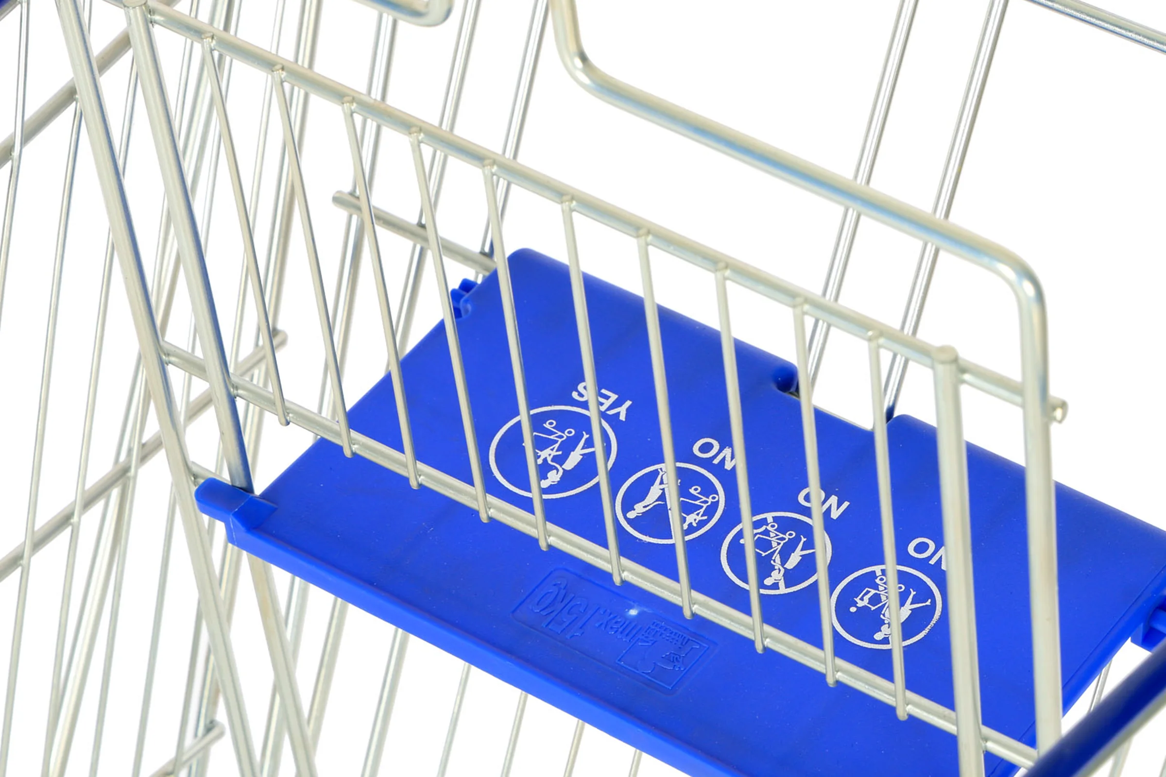 Keshun nesting supermarket trolley with a blue moulded handle, rim trim and folding child seat
