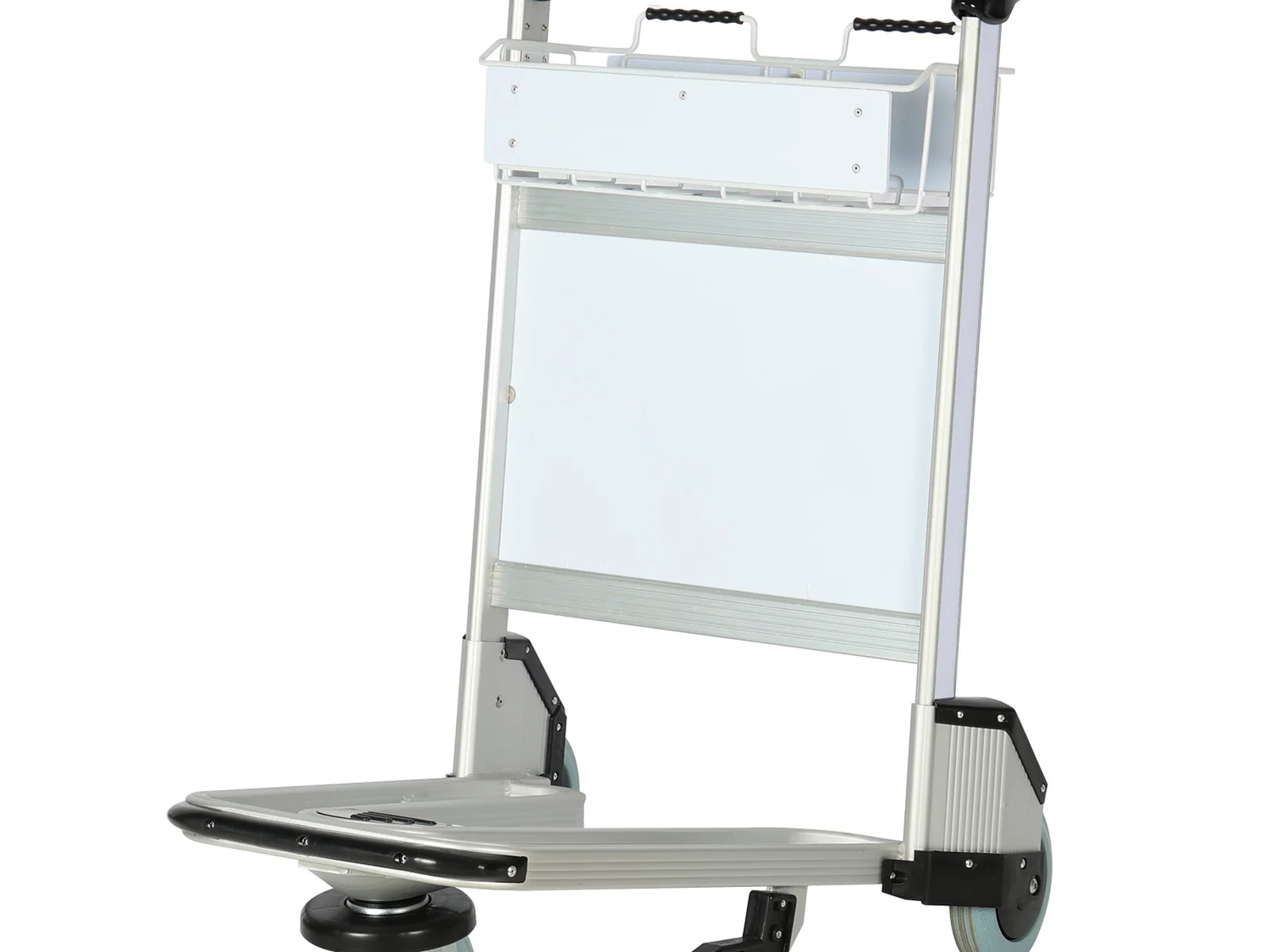 Luggage cart photographed from the side showing the sign panel and low deck