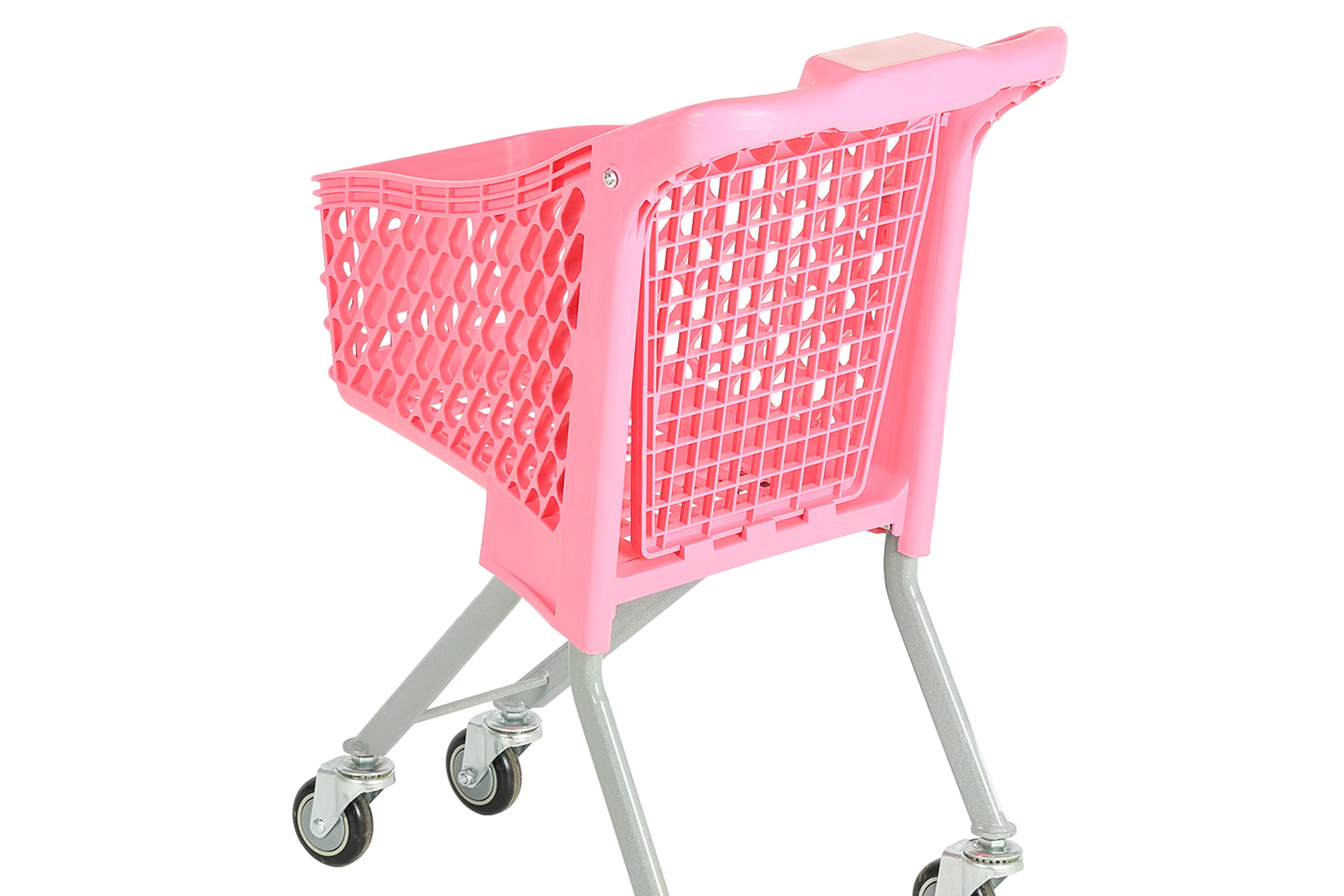 Keshun child size shopping trolley with a moulded plastic basket and rounded frame