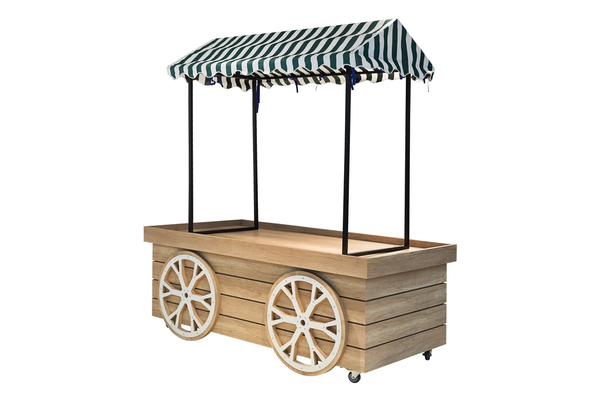 Timber supermarket market cart with cartwheels and a striped fabric canopy for prepared food