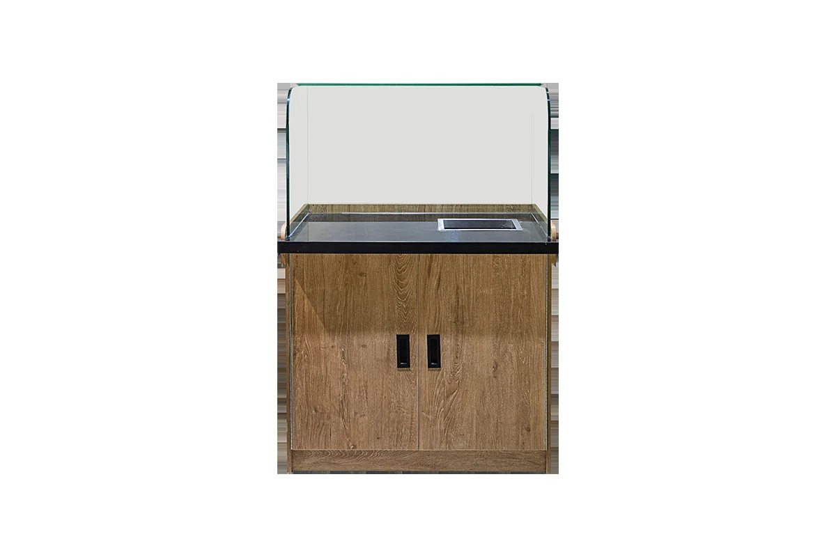 Supermarket weighing and information desk with a timber cabinet, dark top with a recessed scale well and a curved glass screen