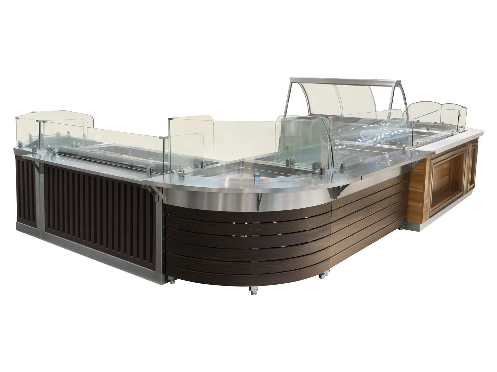 Curved Serve Over Cooked Food Counter photographed from the front on a white studio background