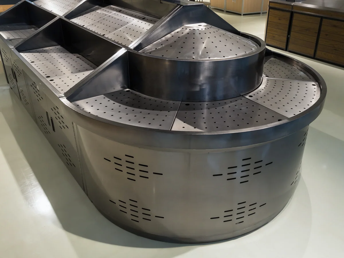 Close-up of the round stainless bowl at the end of the island