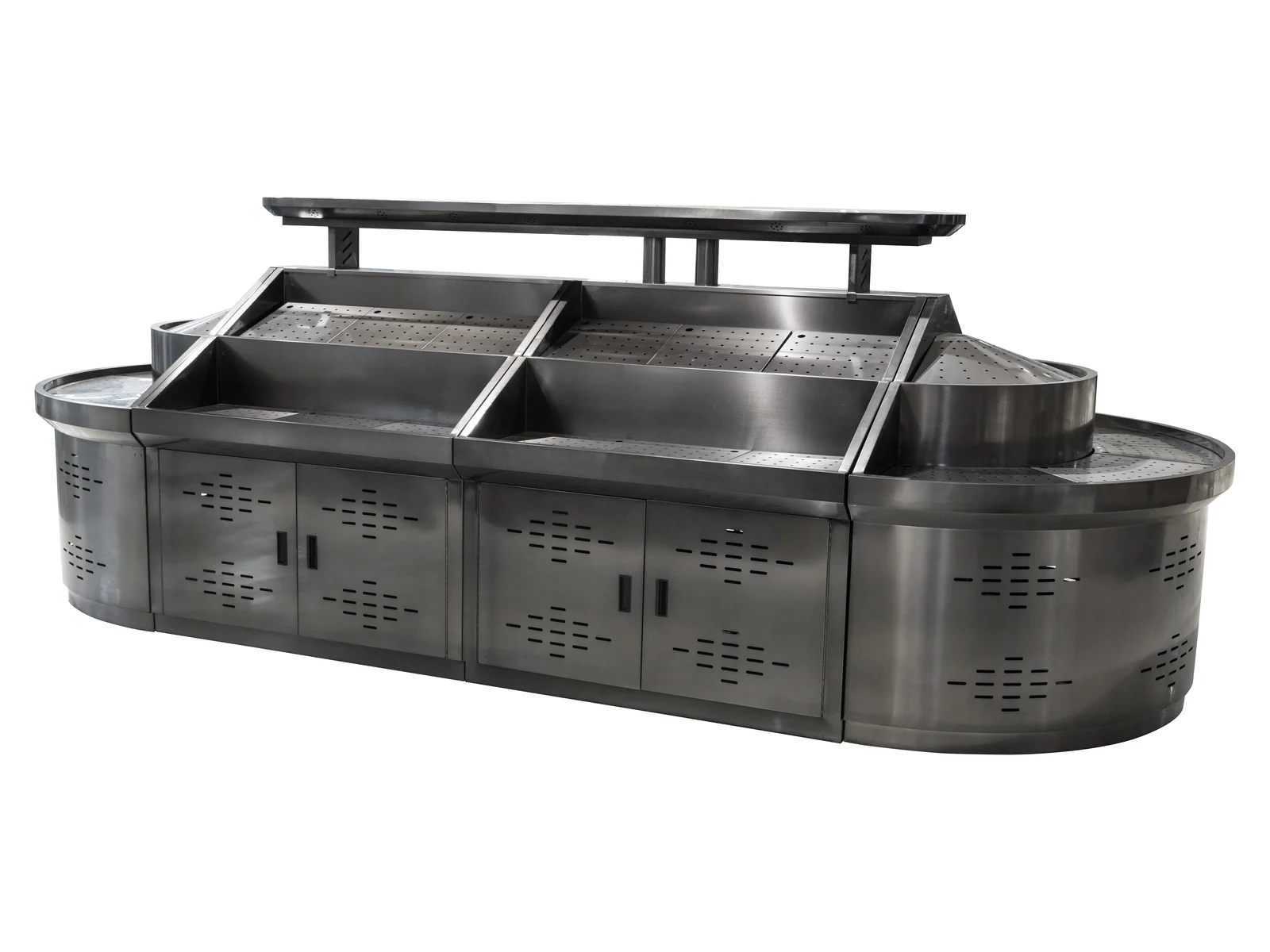 Stainless Produce Island with Wells and Bowl on a white studio background
