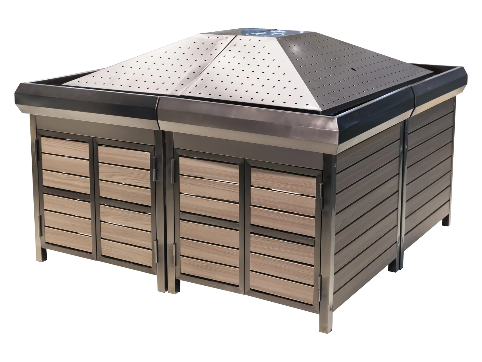 Four Sided Produce Island with Perforated Canopy photographed from the front on a white studio background