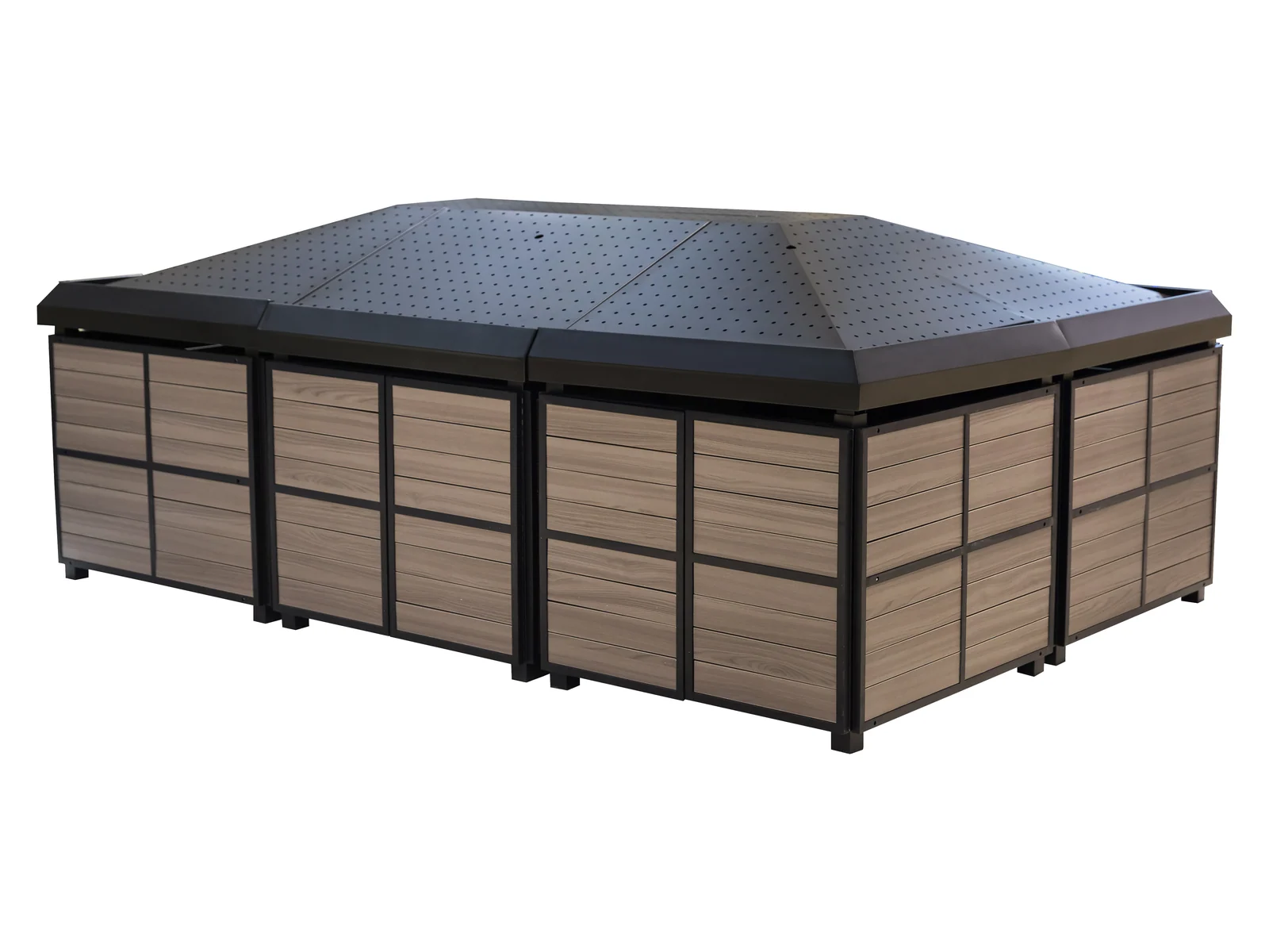 Dark Timber Produce Island with Pitched Top photographed from the front on a white studio background