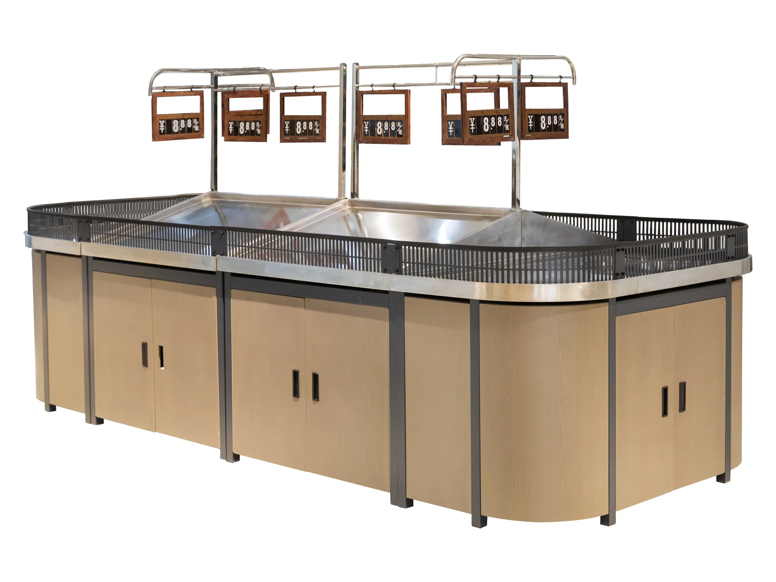 Produce Island with Overhead Sign Rig on a white studio background