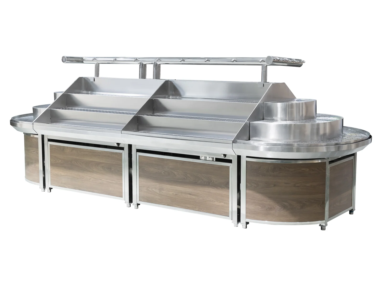 Stainless Produce Island with Overhead Rail on a white studio background