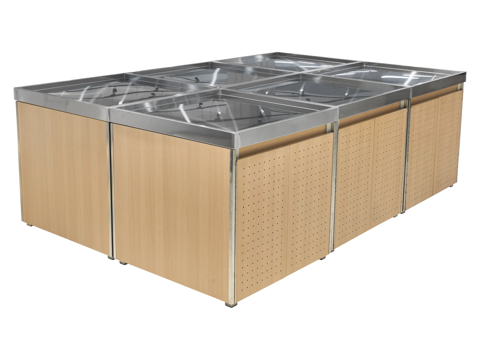 Produce Island with Divided Stainless Trays on a white studio background
