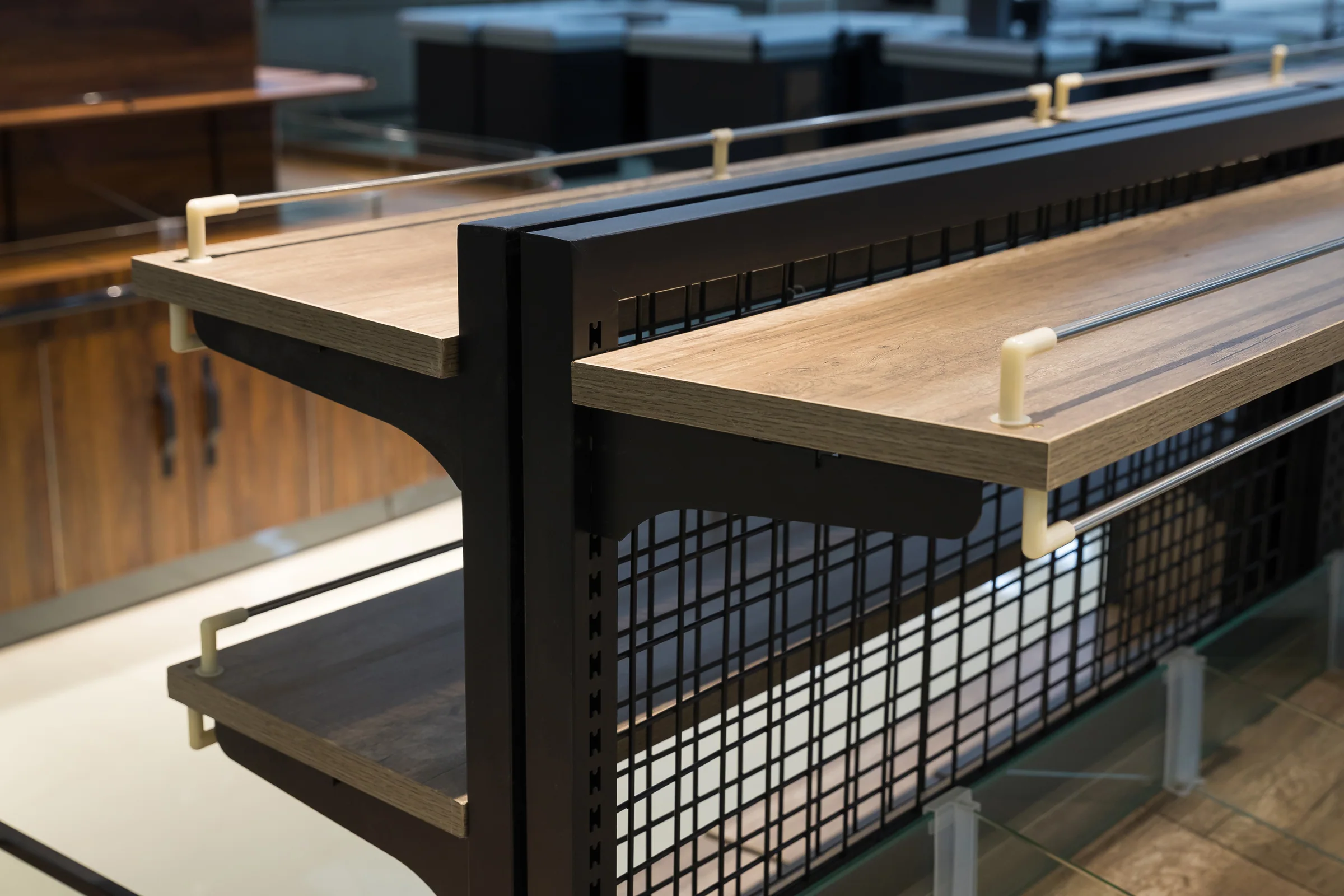 Keshun grain island with open scoop bins and glazed sides on a pale timber body