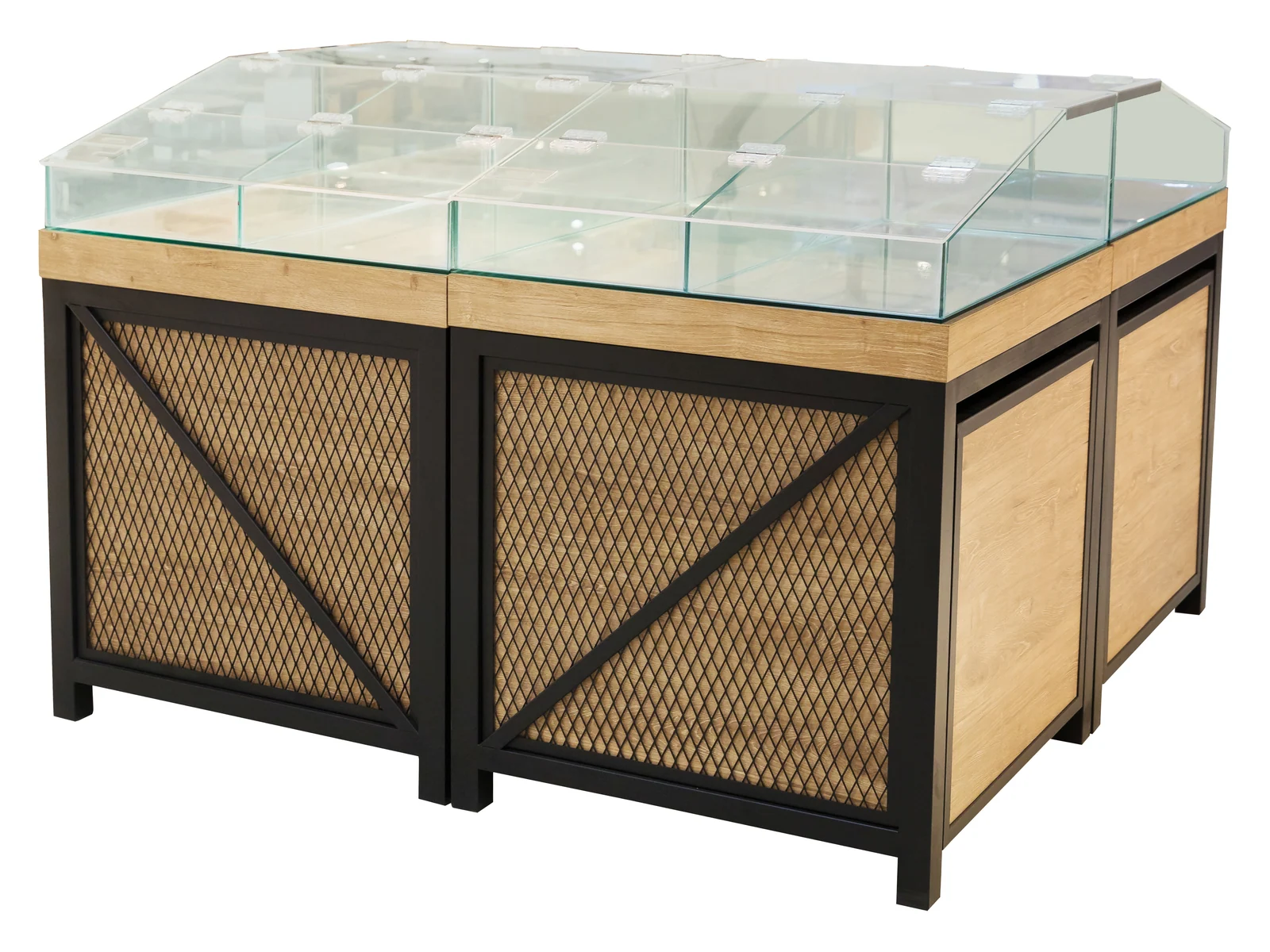 Grain Cabinet with Mesh Sides and Glass Top on a white studio background