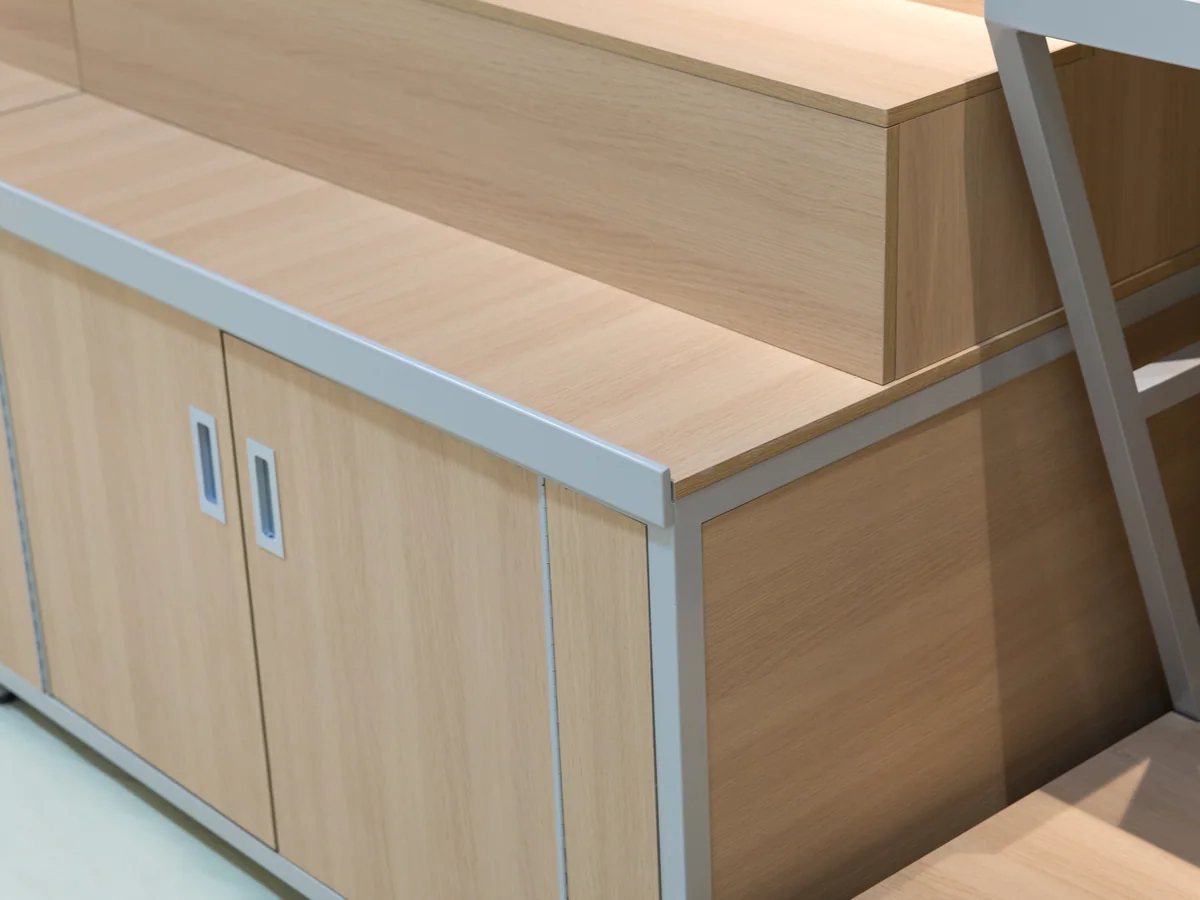 Close-up of the line where the shelving meets the base cabinets
