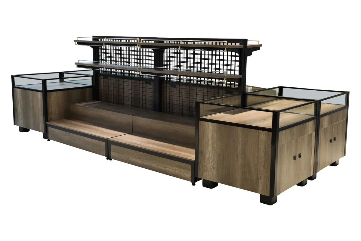 Long supermarket grain and rice run with mesh side panels, open bins and taller end towers