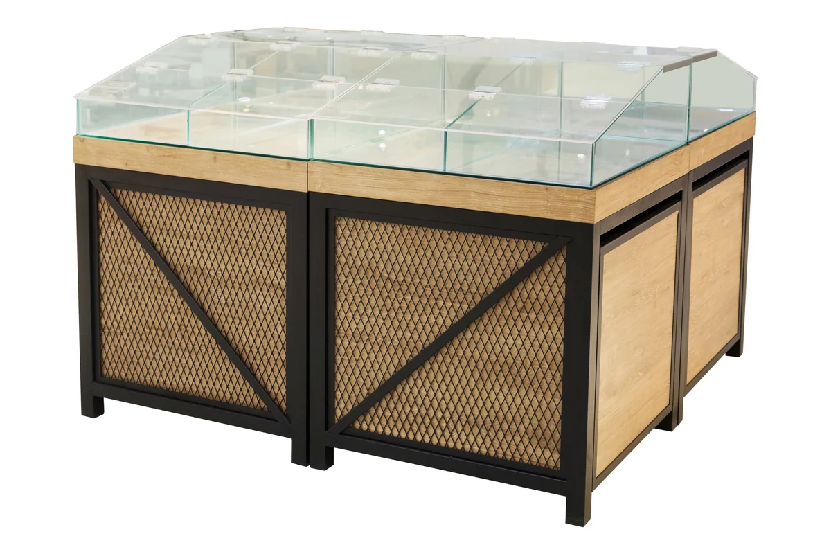 Square supermarket grain bin unit with a glass hood top and mesh side panels