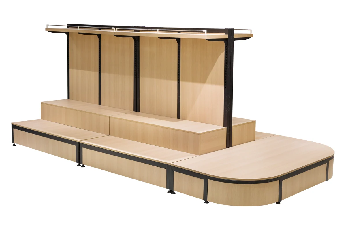 Two-level stepped timber platform display for sacked rice in a supermarket