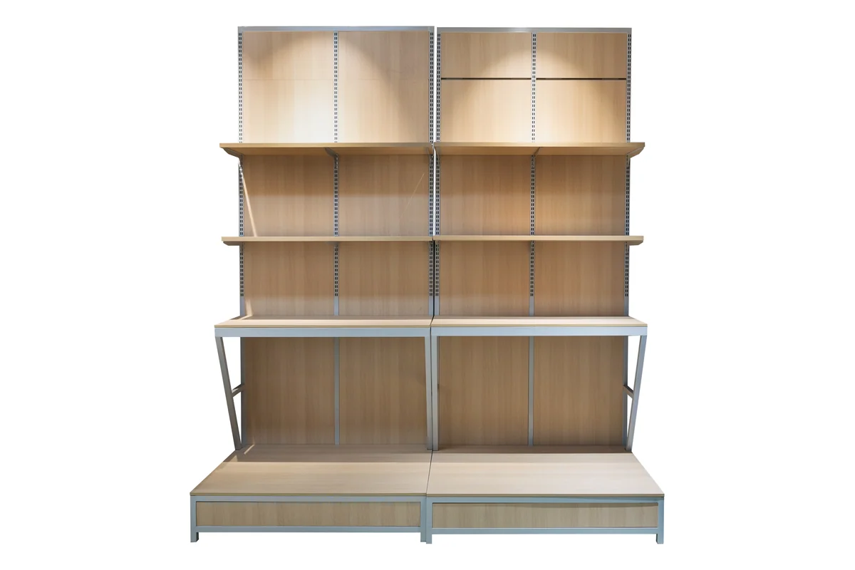 Light timber open-backed supermarket wall shelving unit for packaged grain and rice