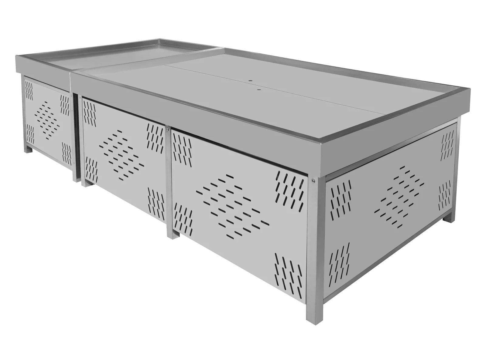 Long Ice Fresh Table with Slotted Base on a white studio background