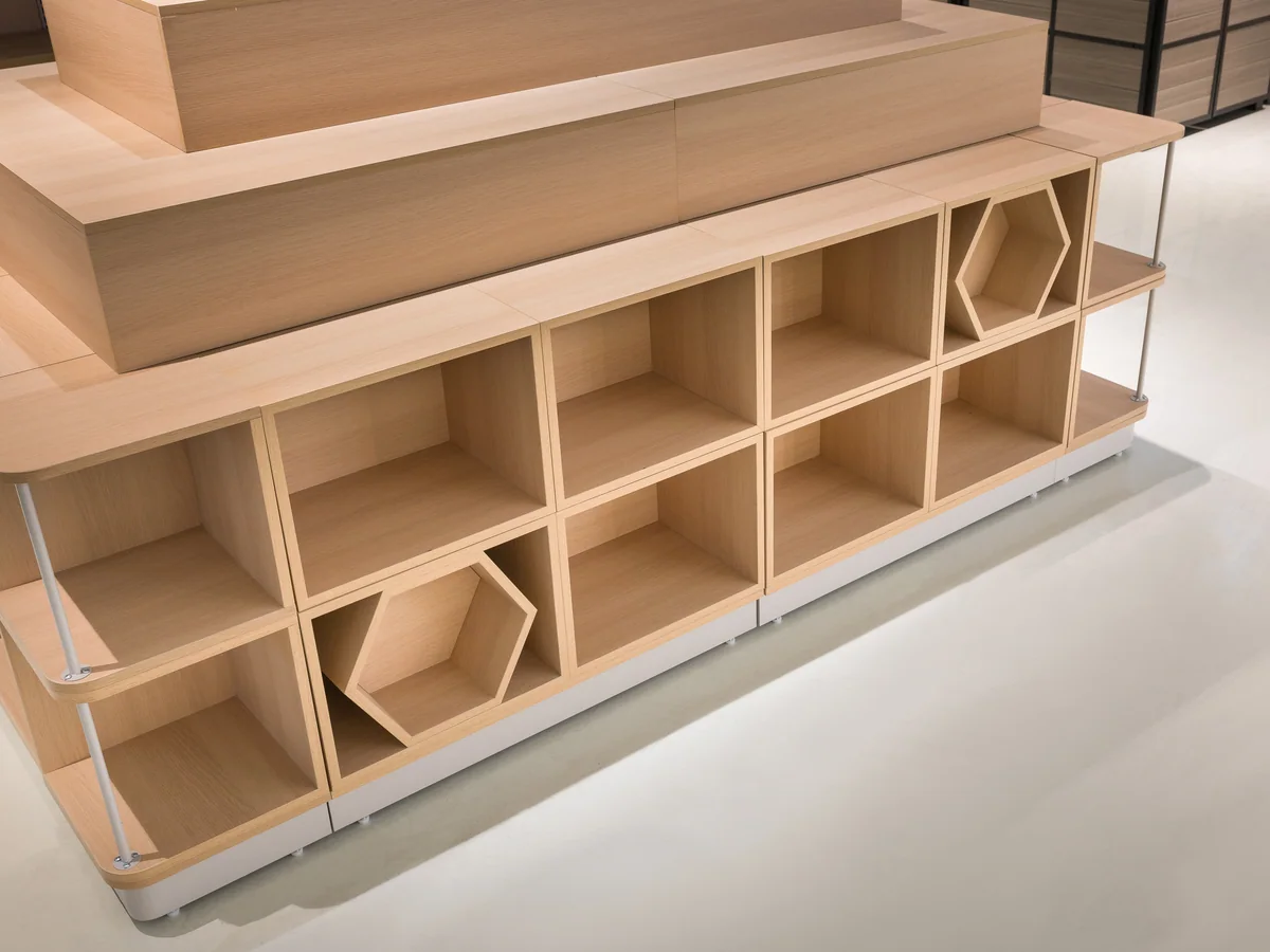Close-up of an open cubby compartment on the island