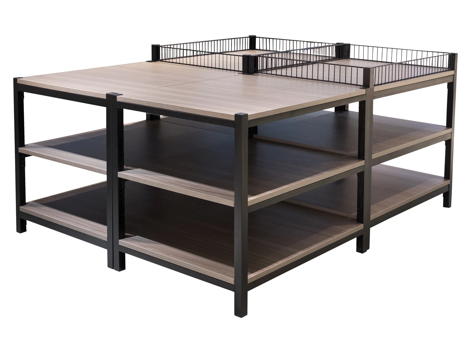 Two Tier Promotional Table with Guard Rail on a white studio background