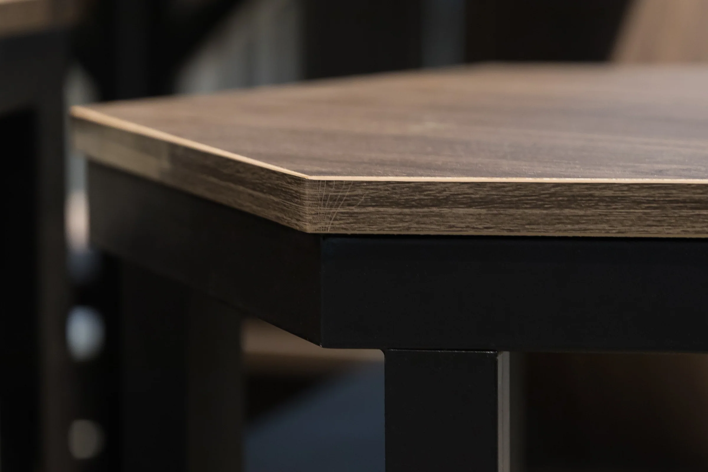 Keshun scenario promotional set of dark timber tables, hexagon risers and low steps