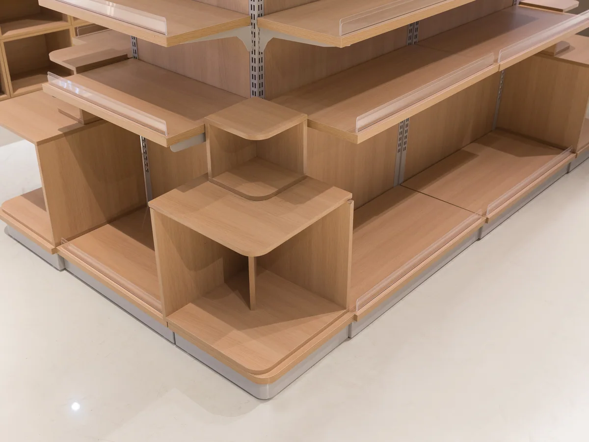 Close-up of an angled shelf on the tiered display