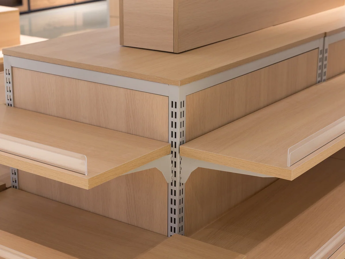 Close-up of the pale timber base of the display