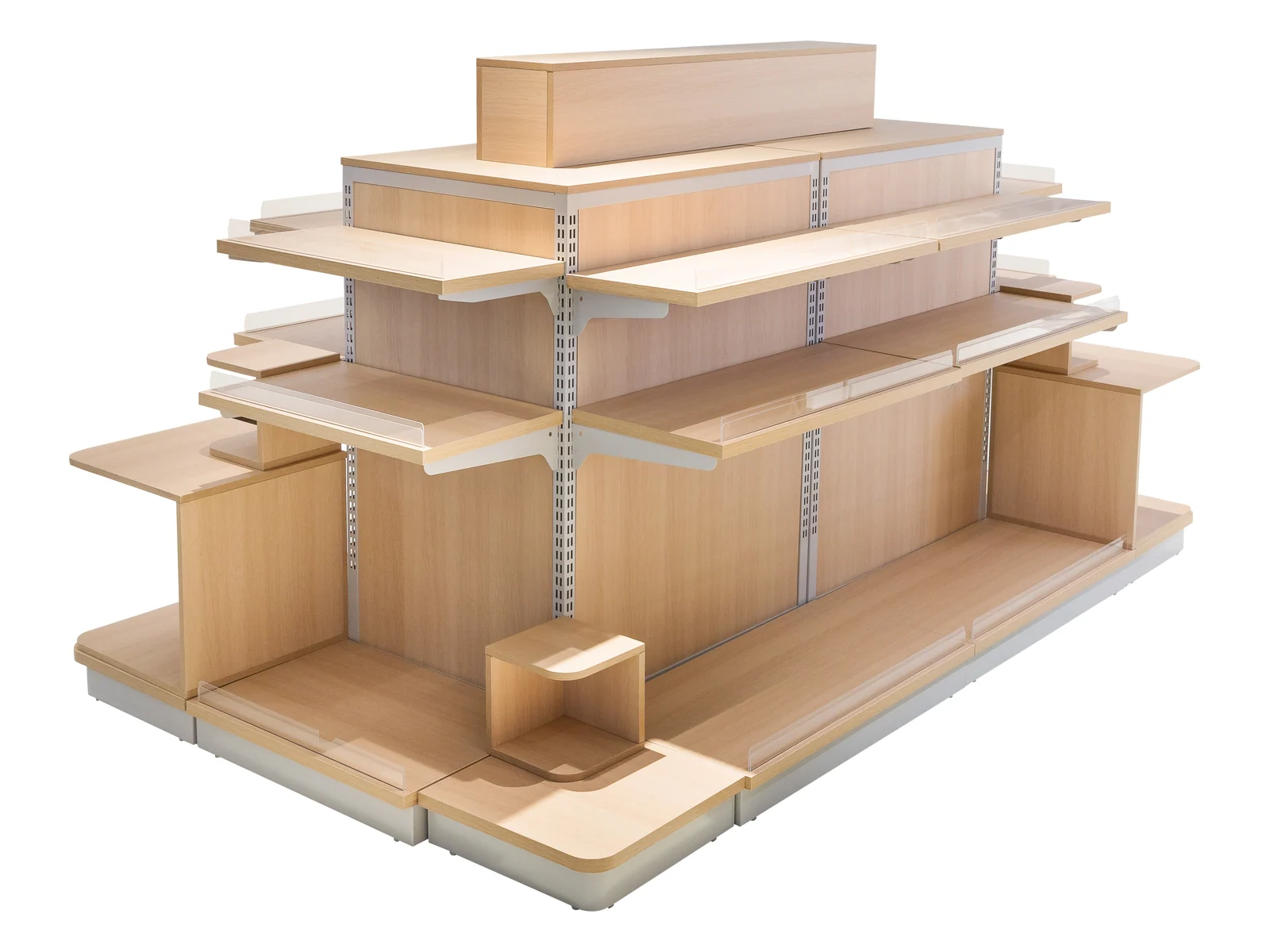 Tiered Promotional Display with Angled Shelves on a white studio background