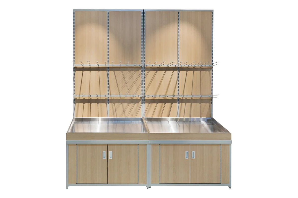 Single-sided wooden supermarket vegetable rack with a mirrored back panel and a stainless steel base well