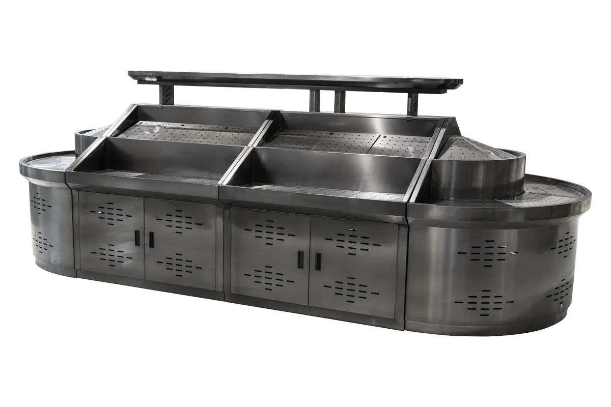 Stainless steel supermarket produce display table with rounded ends and a stepped upper tier