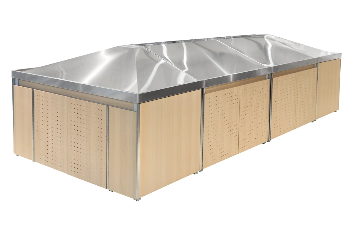 Wide wooden supermarket produce island with a single flat brushed stainless steel deck