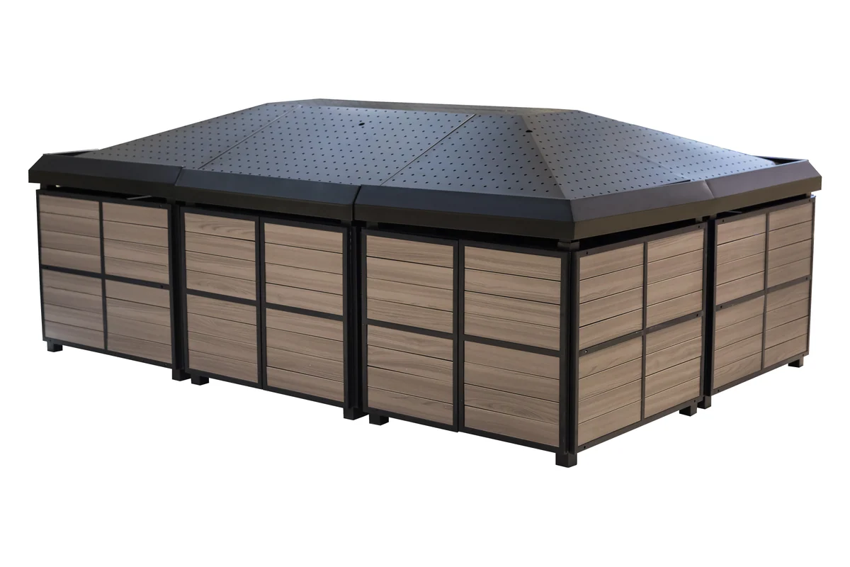 Rectangular slatted wooden supermarket produce island with a dark display deck