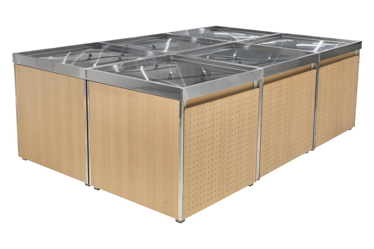 Wooden supermarket produce island with a pressed multi-well stainless steel top