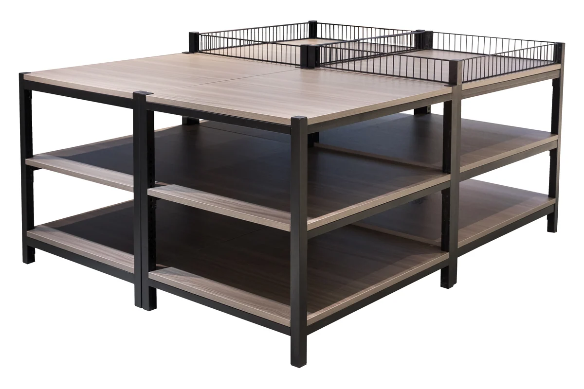 Black metal three-tier supermarket promotion table with a wire guard rail around the top