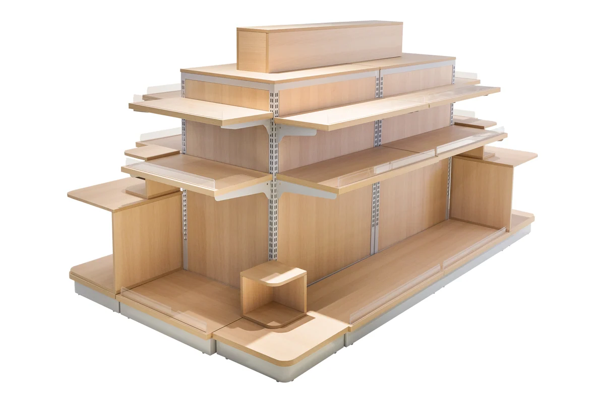 Light timber tiered supermarket promotion table with wing shelves on both sides