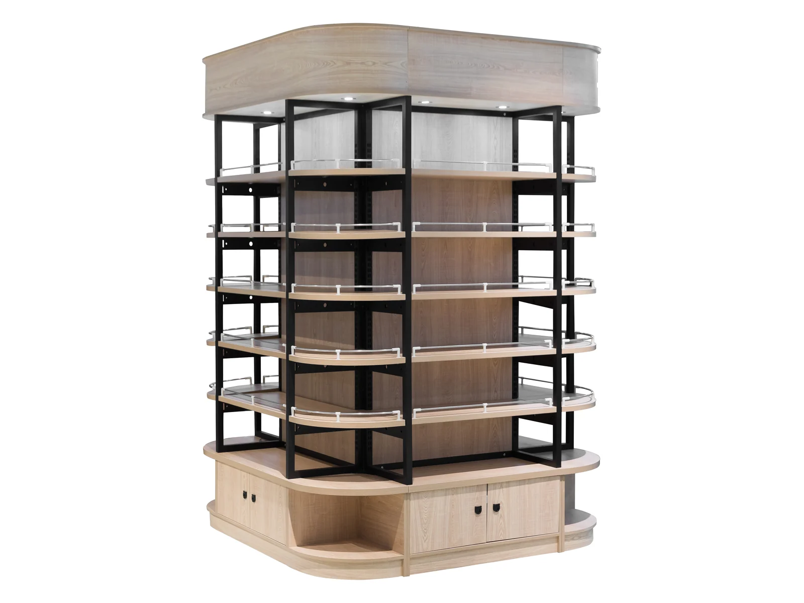 Round End Cap Shelving Tower photographed from the front on a white studio background