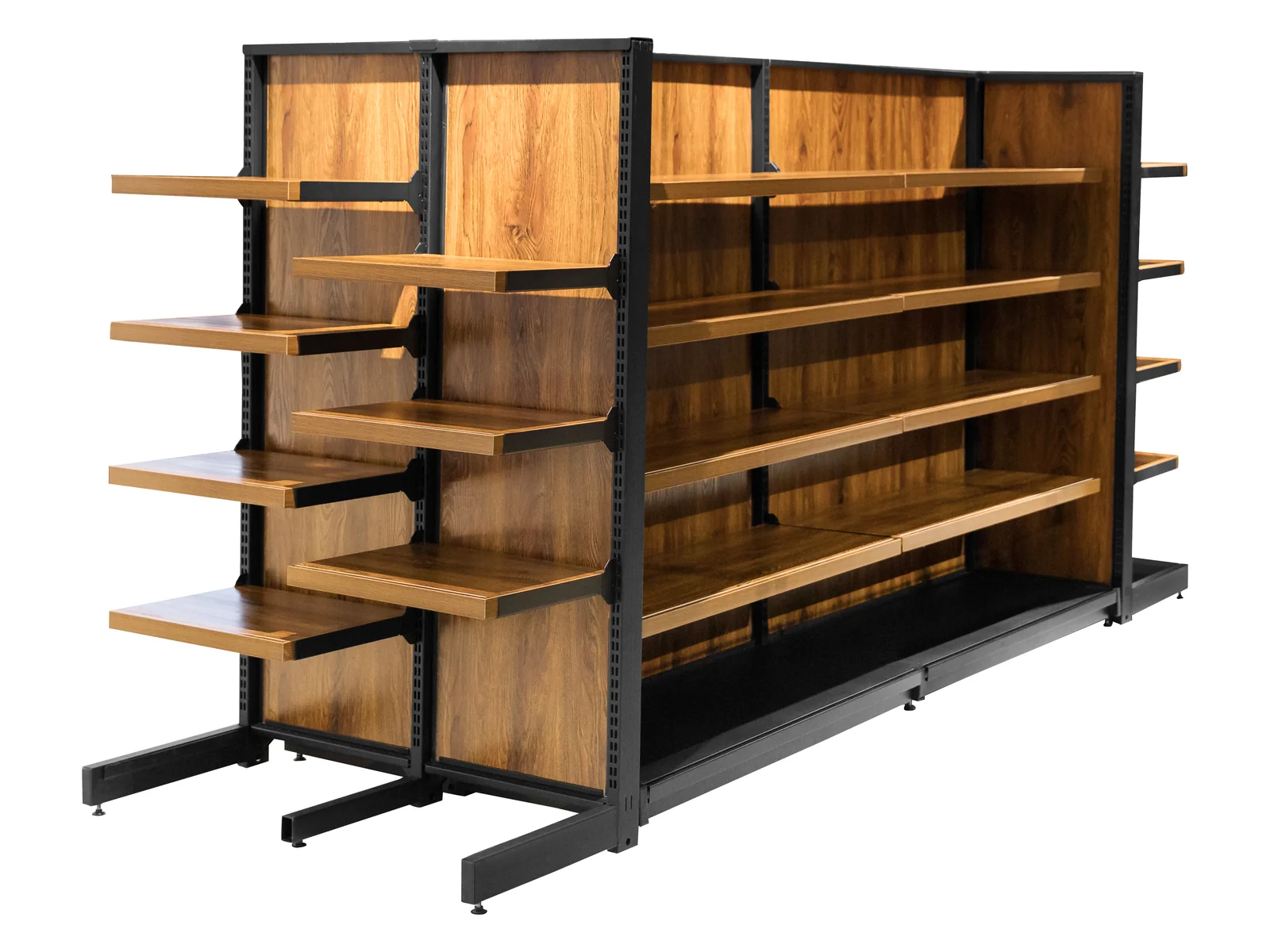 Double Sided Gondola Shelving Run on a white studio background