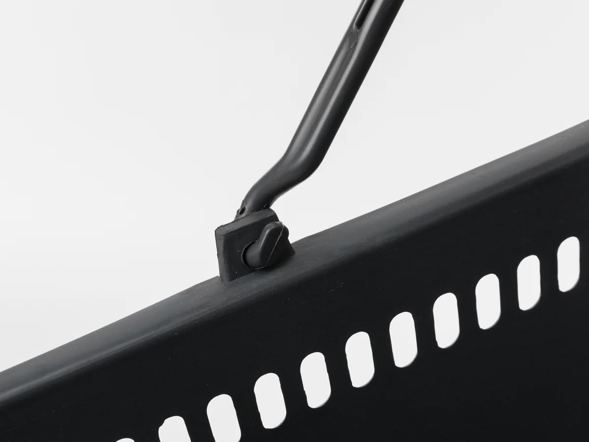 Close-up of the shorter stack pitch between two compact baskets