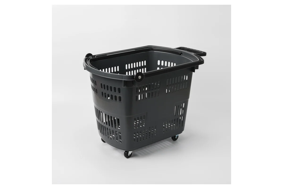 Black supermarket rolling shopping basket with wheels and a short moulded grip handle
