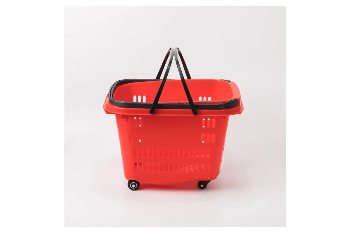 Red deep supermarket rolling shopping basket with wheels and a folding handle