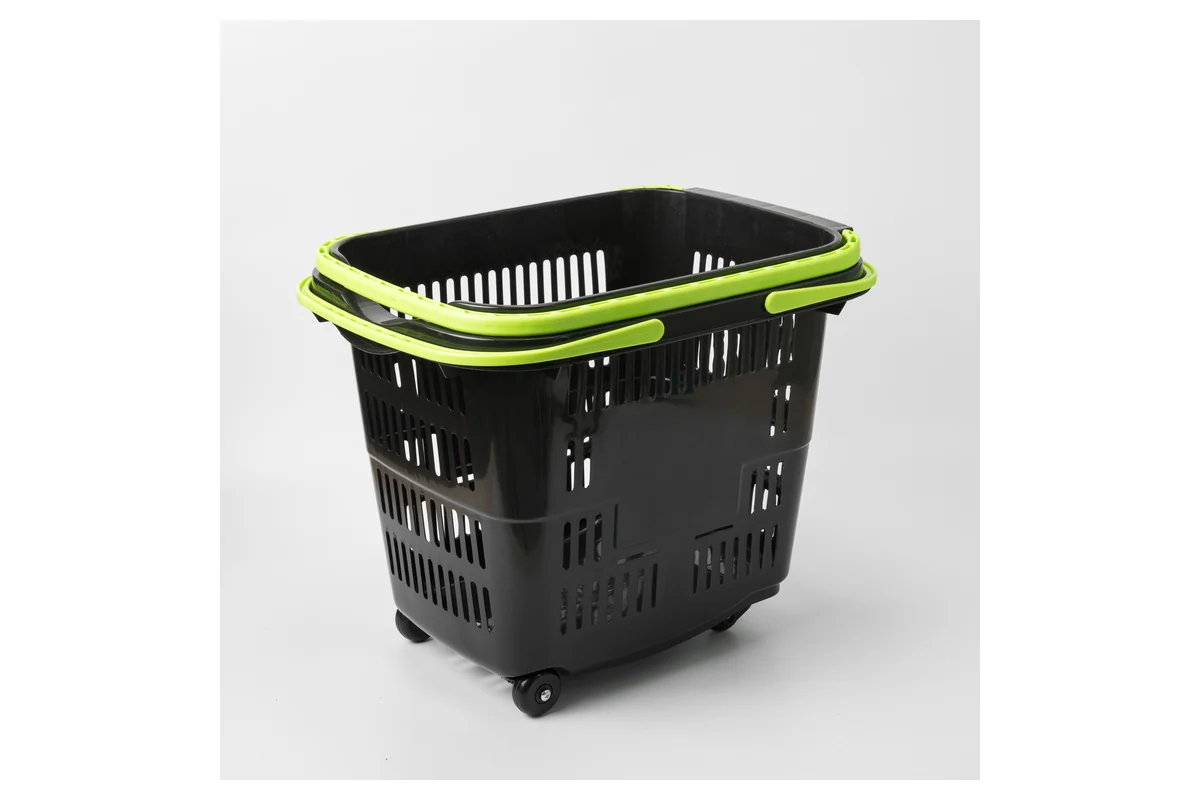 Black supermarket rolling shopping basket with a green handle rail and wheels