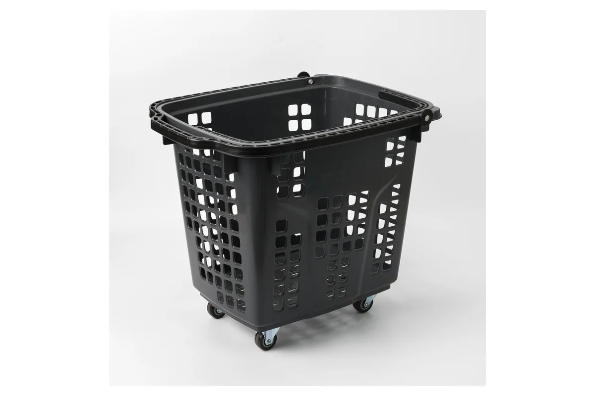 Black supermarket rolling shopping basket with heavily ribbed reinforced sides
